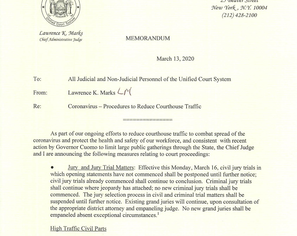 March 13, 2020 NY Court&nbsp;Memorandum